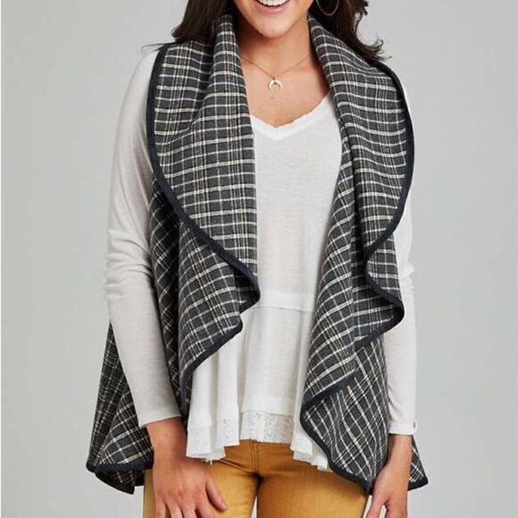 Alter’d State Vest Woman’s Size Medium Lawson Open Waterfall Front Gray Plaid - Picture 1 of 7
